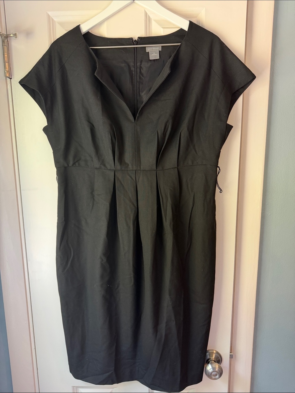Ann Taylor Black Midi Sheath Dress with V-Notch
